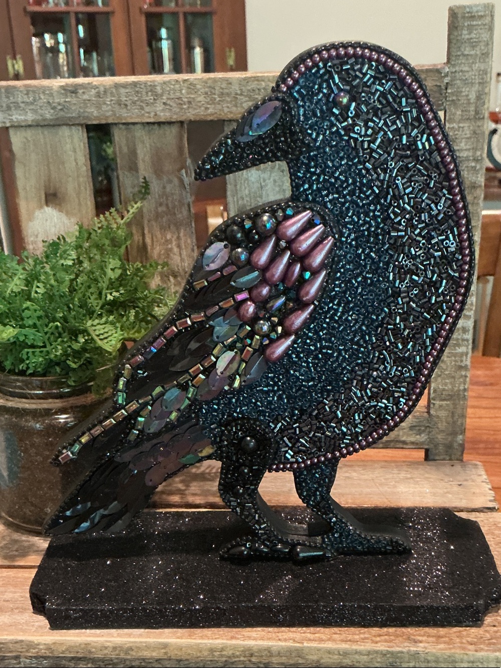 Beaded and Glitter Halloween Crow Tabletop Decor